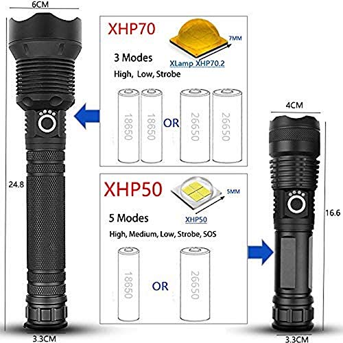 asfasfd Linterna Ultravision Pro, XHP50 / XHP70 Luz de antorcha con Zoom Recargable, Impermeable, súper Brillante, de Alto lúmenes, Adecuada (XHP50, con 1 batería 26650)