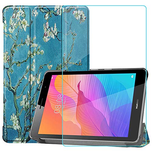 Ash-case Estuche para Huawei MatePad T8 8.0 Inches, Protector Ultra Delgado Slim PU función de Soporte Perfectamente Adecuado,Plum blossome+1x película Protectora de Vidrio Templado