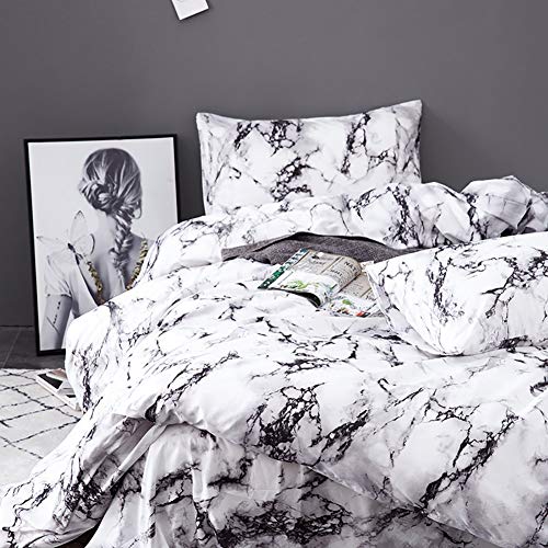 AShanlan Ropa de cama 155 x 220 gris y blanco, diseño de mármol, funda nórdica de 2 piezas, 100% microfibra jaspeada, juego de funda nórdica con cremallera, funda de almohada de 80 x 80 cm