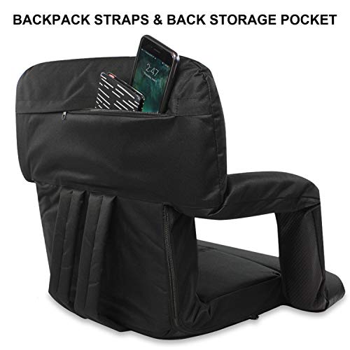 Asiento para Estadio, con Mochila KHOMO GEAR Banco Silla Deportiva Negra Muy Cómoda con Cojín Reclinable y Reposabrazos - Negro