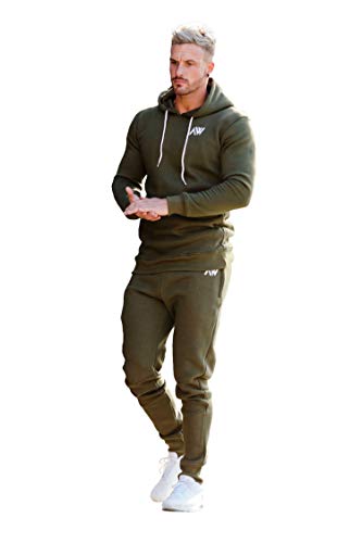 Aspire Wear para Hombre de Color Caqui Verde Chándal con Capucha Conjunto de Partes Inferiores - Gimnasio Fitness Chándalese Active Sport Stretch Slim Fit Top Joggers (L)