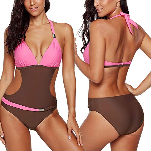 Astylish – Juego de 2 piezas de baño push up para mujer Ruched Bañador con arco S-XXXL C-rosa. L