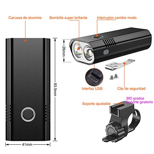 ASUNND Luces Bicicleta, Luz Bicicleta LED Impermeable, Luz de Bicicleta Recargable por USB, Lámpara Súper Potente de 800 Lúmenes, Iluminación de 5 Modos, Luz Bicicleta Delanteras Luz Trasera Kit