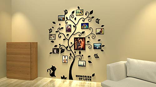 Asvert 3D Pegatina de Árbol Vinilos Hojas Negros 132 * 160 cm con 11 pcs Marcos de Foto Adhesivo Decorativo de Pared para Dormitorio Hogar Oficina
