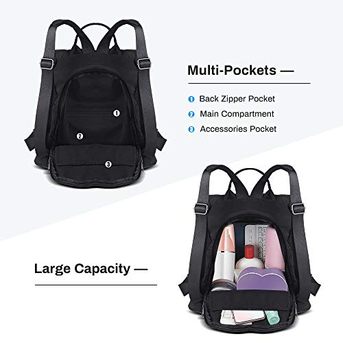 AtailorBird Bolso Mochila Mujer,Pequeña Mochila Casual Mujer,Antirrobo Bolso de Impermeable Nylon y Viaje Ligero Colegio-Negro