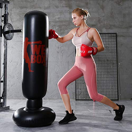 ATEU - Saco de boxeo inflable para fitness, saco de boxeo en forma de torre hinchable que se sostiene de pie, columna de boxeo para adultos, para desestresarte, saco de boxeo, 160 cm, negro