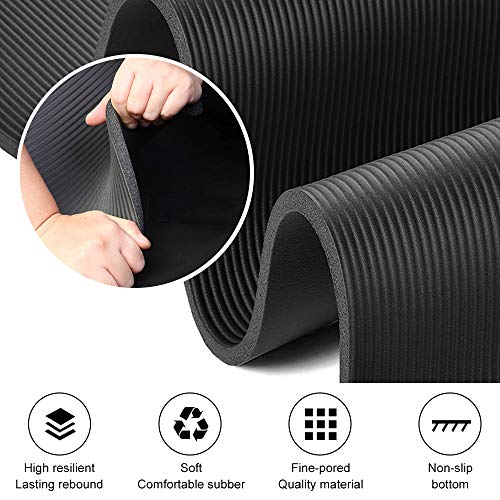 ATIVAFIT - Esterilla de yoga sin ftalatos, antideslizante y respetuosa con las articulaciones, apta para yoga, pilates o gimnasia, con correa de transporte, 183 x 61 x 1 cm, Negro – 2, 183* 61* 1 cm