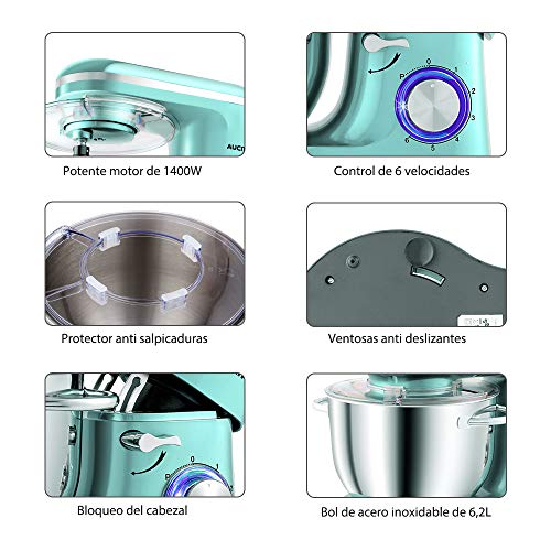 Aucma Batidora Amasadora, 1400W Batidora de Pie, con Bol de Acero Inoxidable de 6,2 L Amasadora de Pan, 6 Velocidades Eléctrica Amasadora Para Repostería con Gancho Para Masa, Batidor