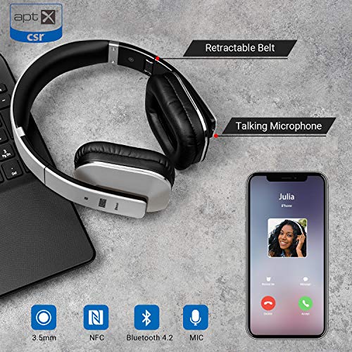 August EP650 Cascos Bluetooth 4.2 Inalámbrico NFC - Auriculares de Diadema Plegable -Sonido Estéreo Bass Rich - Over Ear Headphones con August Audio App para Ajustar EQ - Baja Latencia