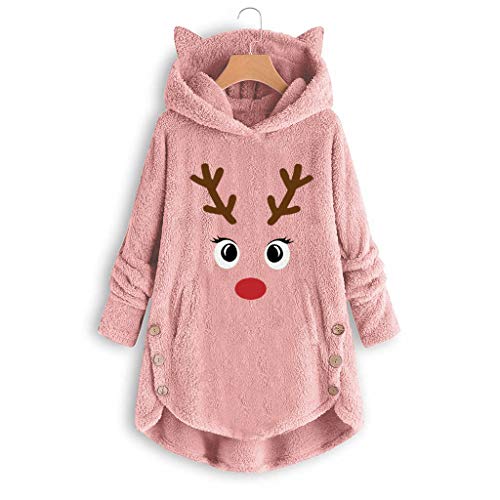 Auifor Dobladillo de Leopardo de Lana para Mujer Dobladillo con Botones Talla Grande Sudadera con Capucha Blusa Camisa de Felpa suéter(A-Rosa/XX-Large)