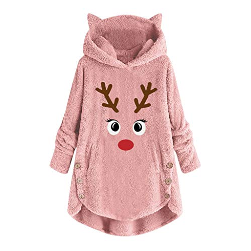 Auifor Dobladillo de Leopardo de Lana para Mujer Dobladillo con Botones Talla Grande Sudadera con Capucha Blusa Camisa de Felpa suéter(A-Rosa/XX-Large)