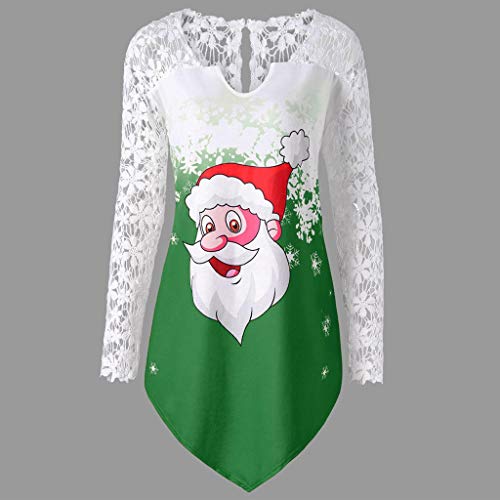 Auifor Indumentaria Femenina Casual Imprimir Feliz Navidad Tapa del cordón del Remiendo de la Camiseta Top（Verde/XXXXX-Large）