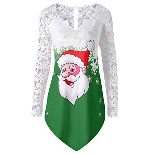 Auifor Indumentaria Femenina Casual Imprimir Feliz Navidad Tapa del cordón del Remiendo de la Camiseta Top（Verde/XXXXX-Large）