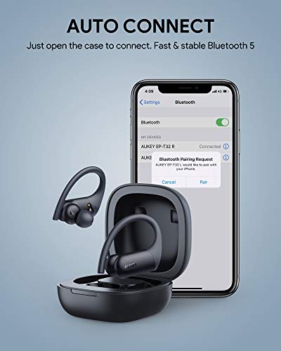 AUKEY Auriculares Inalámbricos Deportivos, Sonido aptX, Micrófonos CVC 8.0, 35 Horas de Reproducción, Carga inalámbrica y USB-C, IPX5 Impermeable, Bluetooth 5