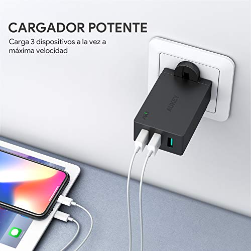 AUKEY Cargador iPhone, Cargador USB de Pared con 3 Puertos USB 30W / 6A con Tecnología AiPower Una Corriente Máxima de 2,4A Cargador Móvil para iPhone XS / XS Max / XR, iPad Air / Pro, Samsung, HTC, LG, Nexus y más