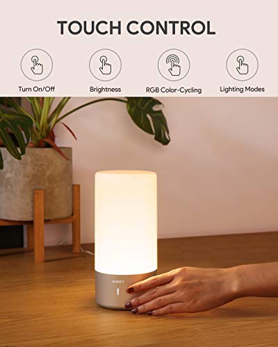 AUKEY Lámpara de Mesa, Regulable Lámpara de Noche de Atmósfera con Sensor de Tacto, Lámpara de Tabla de Decoración con Modo RGB y Luz Blanca Caliente, 256 Luces de Color