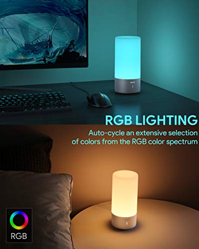 AUKEY Lámpara de Mesa, Regulable Lámpara de Noche de Atmósfera con Sensor de Tacto, Lámpara de Tabla de Decoración con Modo RGB y Luz Blanca Caliente, 256 Luces de Color
