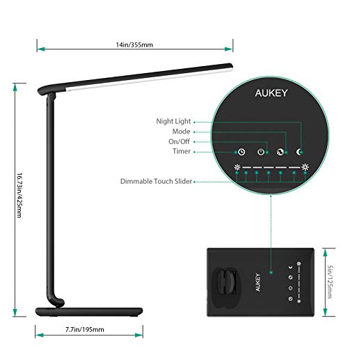 AUKEY LT-T10 Lámpara Escritorio, Flexo LED con 5 Modos, 7 Niveles de Brillo, Puerto USB de Carga, Mini Luz Nocturna y Múltiples Ángulos Ajustables, Control Táctil