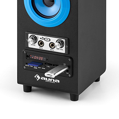AUNA DiscoStar Blue - Altavoces Bluetooth 2.1, Luces LED, FM, MP3, SD USB, Mini USB, AUX, Micrófono, Control de Volumen, Mando, Asas, Batería portátil, Azul AUNA DiscoStar Blue - Altavoces Bluetooth 2.1, Luces LED, FM, MP3, SD USB, Mini USB, AUX, Micrófono, Control de Volumen, Mando, Asas, Batería portátil, Azul