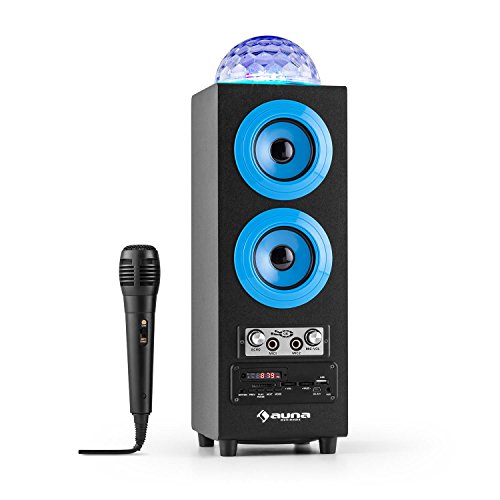 AUNA DiscoStar Blue - Altavoces Bluetooth 2.1, Luces LED, FM, MP3, SD USB, Mini USB, AUX, Micrófono, Control de Volumen, Mando, Asas, Batería portátil, Azul