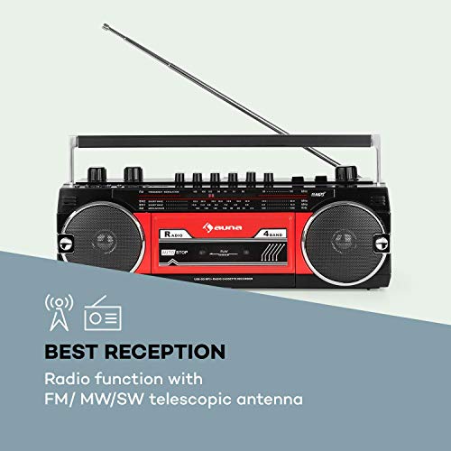 Auna Duke MKII Radiocasete - Bluetooth , Codificación Directa del Cassette al USB/SD , 4 Bandas Radio: FM, MW, SW1, SW2 , Antena telescópica , USB , Ranura SD, Enchufe y Hueco para Pilas , Negra/roja Auna Duke MKII Radiocasete - Bluetooth , Codificación Directa del Cassette al USB/SD , 4 Bandas Radio: FM, MW, SW1, SW2 , Antena telescópica , USB , Ranura SD, Enchufe y Hueco para Pilas , Negra/roja