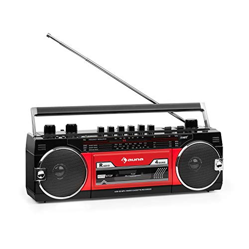 Auna Duke MKII Radiocasete - Bluetooth , Codificación Directa del Cassette al USB/SD , 4 Bandas Radio: FM, MW, SW1, SW2 , Antena telescópica , USB , Ranura SD, Enchufe y Hueco para Pilas , Negra/roja