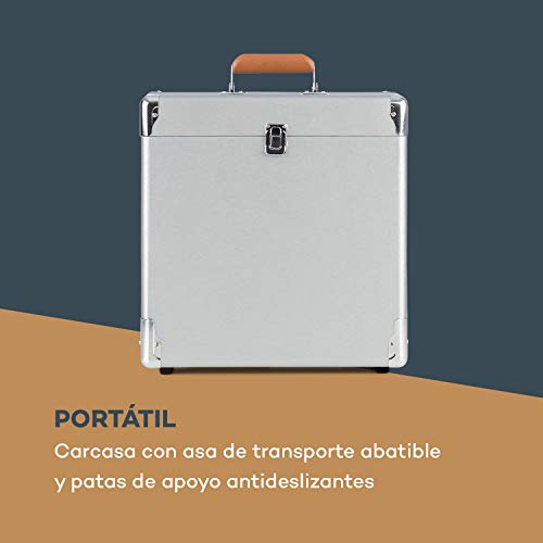 auna Vinylbox ALU - Maletín para vinilos , Maleta para Discos , Conservación de Discos , hasta 30 Discos de 30 cm , Tapa con Cierre , Carcasa de Aluminio , Plateado