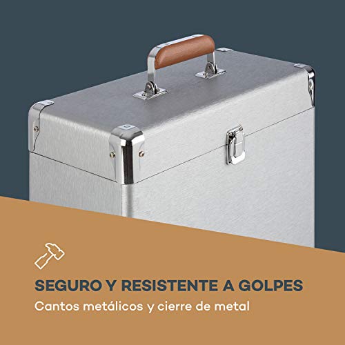 auna Vinylbox ALU - Maletín para vinilos , Maleta para Discos , Conservación de Discos , hasta 30 Discos de 30 cm , Tapa con Cierre , Carcasa de Aluminio , Plateado