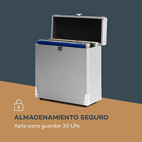 auna Vinylbox ALU - Maletín para vinilos , Maleta para Discos , Conservación de Discos , hasta 30 Discos de 30 cm , Tapa con Cierre , Carcasa de Aluminio , Plateado