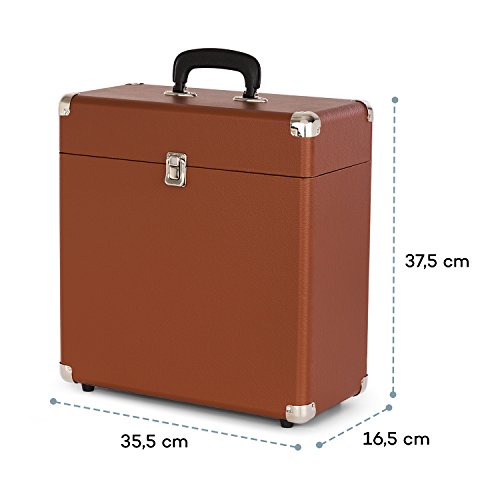 auna Vinylbox Maleta transporte vinilo (Caja portátil discos, 30Lp capacidad, interior acolchado aterciopelado, cantos metálicos resistentes golpes, diseño vintage) - marrón