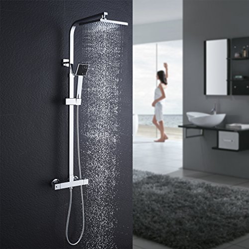 Auralum Columna de Ducha Termostático Griferia Ducha Termostatica baño Set de Ducha Duro Alcachofa Ducha Hidromasaje lluvia 20 * 20CM