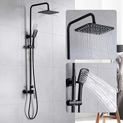 Auralum Columna ducha Negro Monomando, Set de ducha con grifo, Conjunto de ducha de pared 25 X 20 CM Alcachofa Ducha Lluvia y Ducha de Mano. Altura ajustable