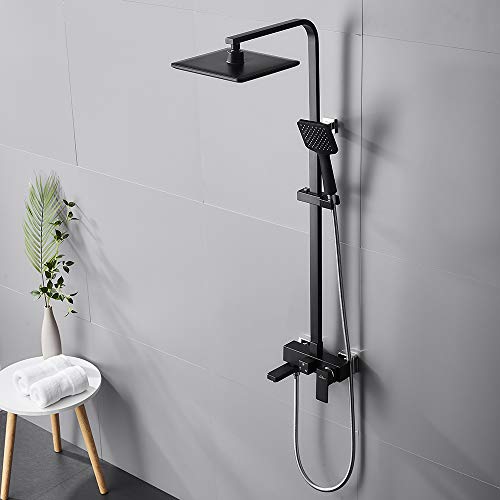 AuraLum Set de Ducha con Grifo, Columna Ducha Altura Ajustable 85-120cm con 3 Funciones Ducha de Mano y XXL Ducha de Lluvia, Square Negro Sistema de Ducha