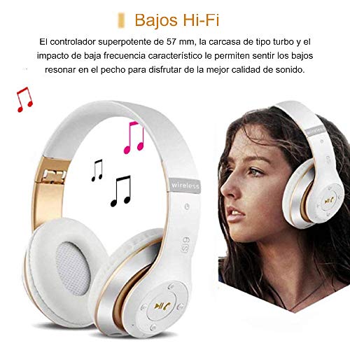 Auriculares Cerrados Inalámbricos 6S, Alta fidelidad Estéreo Auriculares Estéreo Inalámbricos Plegables, Micrófono Incorporado, Micro SD/TF, FM (para iPhone/Samsung/iPad/PC) (Blanco y Oro)