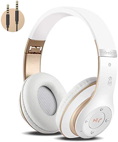 Auriculares Cerrados Inalámbricos 6S, Alta fidelidad Estéreo Auriculares Estéreo Inalámbricos Plegables, Micrófono Incorporado, Micro SD/TF, FM (para iPhone/Samsung/iPad/PC) (Blanco y Oro)