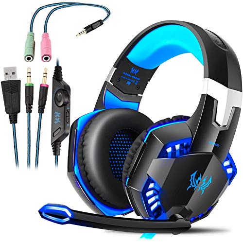 Auriculares Gaming con Microfono, Cascos Gaming, Auriculares para Juegos para PS4 / PC/Xbox One/Switch/Tableta/Celular, Headset Estereofónico con Fantástico LED Luces, Micrófono Antiruido (G2000)