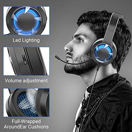 Auriculares Gaming para Xbox One PS4,Cascos Gaming Portátiles y Cancelación de Ruido con Luz LED Colocar,con Micrófono Flexible,Gaming Headset con Conector de 3,5 mm para PC/Nintendo Switch/Mac(Negro)