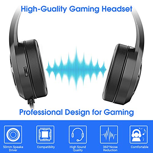 Auriculares Gaming para Xbox One PS4,Cascos Gaming Portátiles y Cancelación de Ruido con Luz LED Colocar,con Micrófono Flexible,Gaming Headset con Conector de 3,5 mm para PC/Nintendo Switch/Mac(Negro)