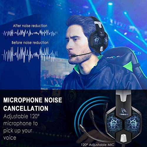 Auriculares Gaming PS4, YINSAN Cascos Gaming Premium Estéreo con Micrófono, 7 Luces LED y Orejeras de Memoria Suave, Gaming Headset con Control de Volumen para PC/Xbox One/Nintendo Switch/Móvil/Mac