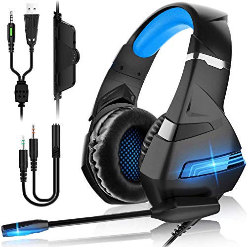 Auriculares Gaming PS4,Cascos Gaming de Mac Estéreo con Micrófono Cascos Gaming 3.5mm Jack con Luz LED Bass Surround y Cancelación de Ruido Auriculares Compatible con PC/Xbox One/Switch