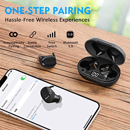 Auriculares Inalámbricos, Moosen Auriculares Bluetooth 5.0 IPX7 Impermeable, Mini Portátil Caja de Carga, HI-FI Estéreo, Control Tactil cancelación de Ruido, Control táctil para Correr Deporte