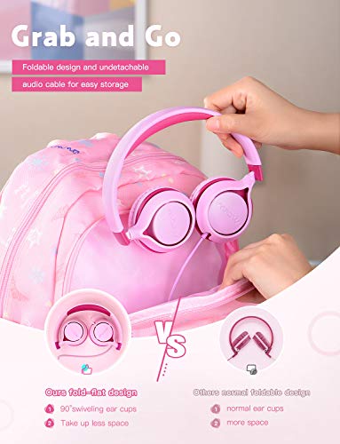 Auriculares para niños,Mpow CHE1 Volumen Limitado en el oído Auriculares para niños con Conector de Audio de 3.5 mm para niñas y niños, Auriculares con Cable Ajustable y Plegable, Rosa