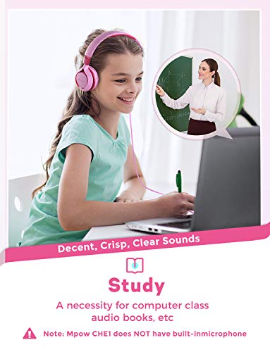 Auriculares para niños,Mpow CHE1 Volumen Limitado en el oído Auriculares para niños con Conector de Audio de 3.5 mm para niñas y niños, Auriculares con Cable Ajustable y Plegable, Rosa