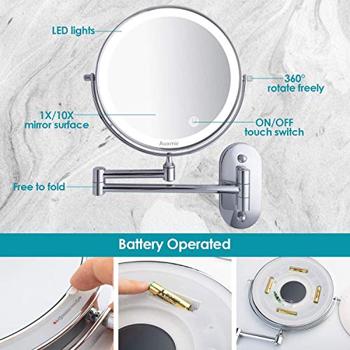 Auxmir Espejo Maquillaje con Luz LED Aumento 1X/10X Espejo Cosmético Iluminoso de Doble Cara con Pilas, 360 Rotación, Luces Ajustables Extensible de Pared para Baño, Tocador, Hotel, Plata Auxmir Espejo Maquillaje con Luz LED Aumento 1X/10X Espejo Cosmético Iluminoso de Doble Cara con Pilas, 360 Rotación, Luces Ajustables Extensible de Pared para Baño, Tocador, Hotel, Plata
