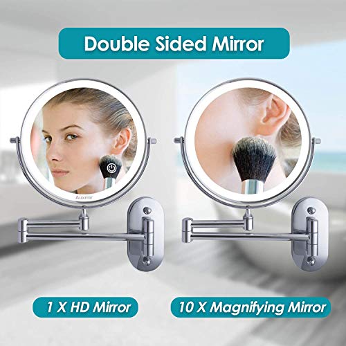Auxmir Espejo Maquillaje con Luz LED Aumento 1X/10X Espejo Cosmético Iluminoso de Doble Cara con Pilas, 360 Rotación, Luces Ajustables Extensible de Pared para Baño, Tocador, Hotel, Plata Auxmir Espejo Maquillaje con Luz LED Aumento 1X/10X Espejo Cosmético Iluminoso de Doble Cara con Pilas, 360 Rotación, Luces Ajustables Extensible de Pared para Baño, Tocador, Hotel, Plata