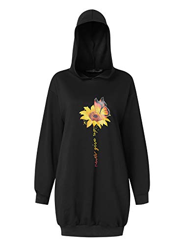 Auxo Sudaderas con Capucha para Mujer Largas Tallas Grandes Jersey Estampado Floral Manga Larga Casual Vestidos Sudadera Hoodie 03-Girasol Negro XL