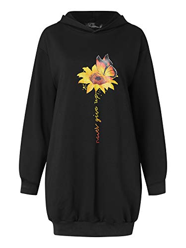 Auxo Sudaderas con Capucha para Mujer Largas Tallas Grandes Jersey Estampado Floral Manga Larga Casual Vestidos Sudadera Hoodie 03-Girasol Negro XL