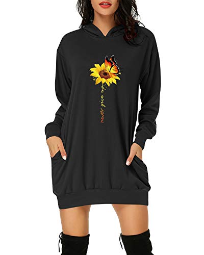 Auxo Sudaderas con Capucha para Mujer Largas Tallas Grandes Jersey Estampado Floral Manga Larga Casual Vestidos Sudadera Hoodie 03-Girasol Negro XL