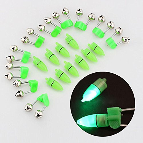 Avisadores de picada de pesca verdes Sungpunet con doble cascabel y luz led, 10 unidades Avisadores de picada de pesca verdes Sungpunet con doble cascabel y luz led, 10 unidades