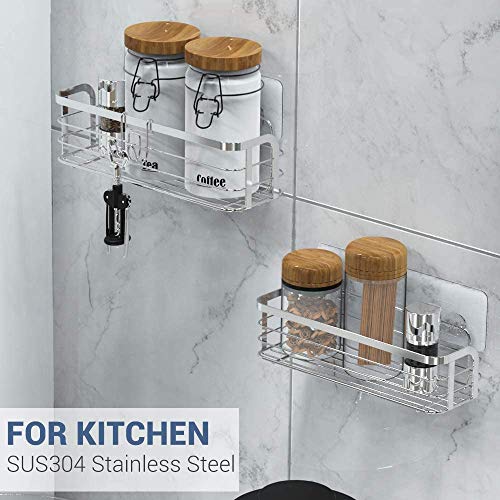 Avoalre Adhesivo Estante Ducha Baño Cocina Organizador Estanteria Cesta Acero Inoxidable Sus 304 con Gancho Extraíble sin Taladro, 2 Unidades, Color Plata